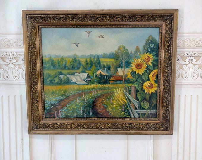 Vintage Polish Countryside Landscape Oil Painting - Stanislawski Style - Sunflowers & Village - Oil on Canvas