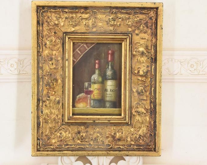 French Wine Still Life Oil Painting: Vintage Rustic Kitchen Art