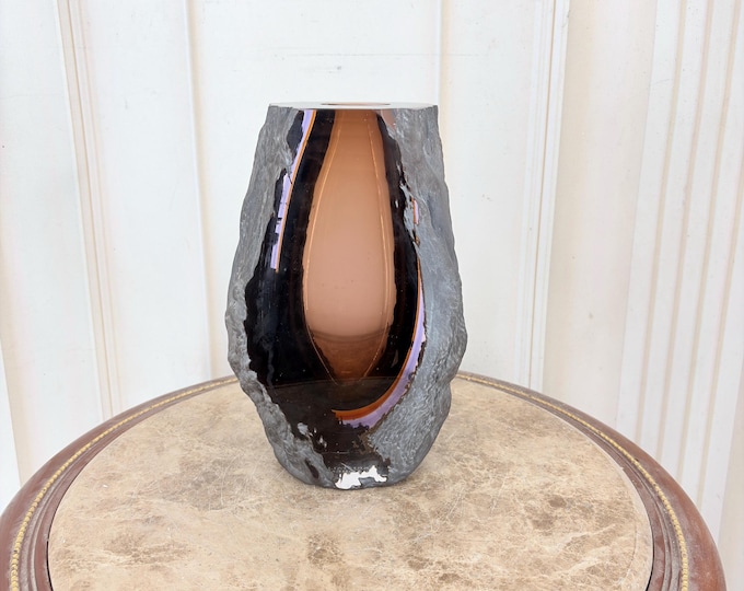 Vintage Smoky Brown Art Glass Vase - Thick Heavy Glass - Sculptural Modernist Decor