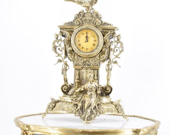 Large Brass Table Clock with Eagle and Woman - Fireplace Clock - Rococo Style Clock - Exclusive Gift Idea