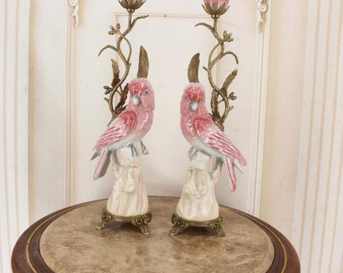 Luxury Pair Pink Porcelain Candlesticks With Bronze Ornaments Parrot Candleholders Vintage