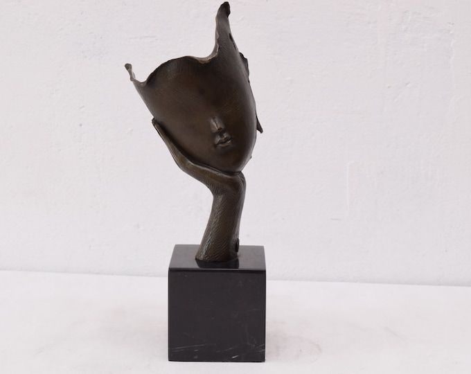 Large Face on Hand Bronze Statue - Trophy Face Mask Modernist Bronze - Woman Bronze Statue - Luxury Gift Idea -