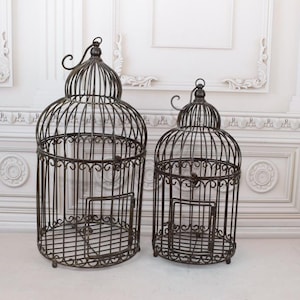 Set of 2 Bird Cages - Metal White Pair Birdcages - Home and Garden Decor - Flowerpot Hangers - Gift Idea
