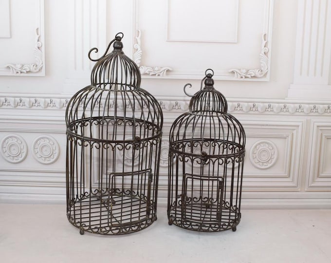 Set of 2 Bird Cages - Metal White Pair Birdcages - Home and Garden Decor - Flowerpot Hangers - Gift Idea