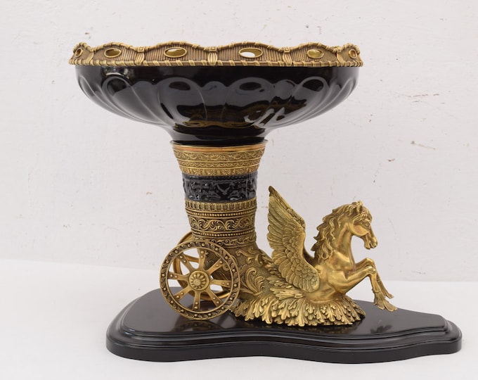 Beautiful Black Porcelain Plateau Horse Pegasus - Pegasus Bronze Statue - Black and Gold Porcelain Bowl - Foundry Mark - Gift for Wedding