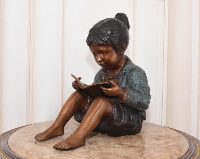 Girl Reading Book Bronze Statue | Young Schoolgirl Sculpture | Home & Garden Decor | Gift for Book Lovers