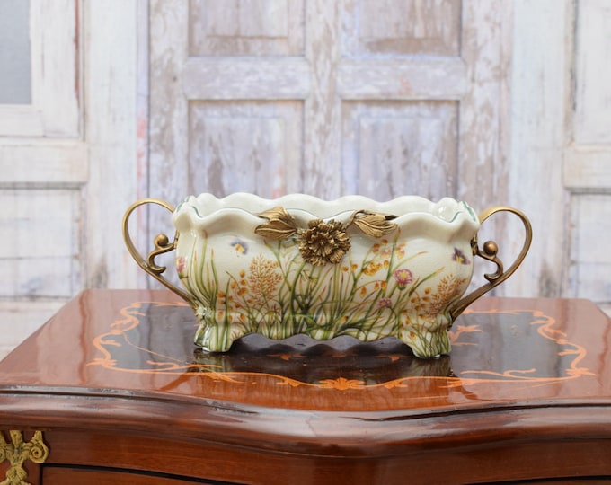 Bowl - Butterflies and Flowers Porcelain with Bronze Ornaments - Plateau Art Nouveau - Exclusive Porcelain Flower Design