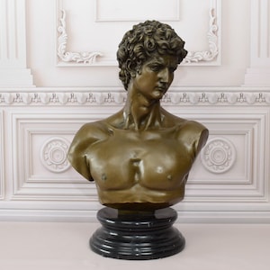 Michelangelo&#39;s Bust David Bronze Sculpture on Marble Base - Man Bronze Statue - Vintage Figurine - Mythological Statue - Home Decor