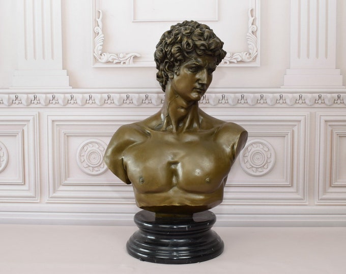 Michelangelo's Bust David Bronze Sculpture on Marble Base - Man Bronze Statue - Vintage Figurine - Mythological Statue - Home Decor