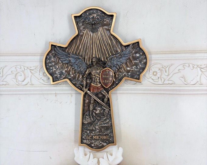 Saint Michael the Archangel Wall Cross – Defend Us in Battle Crucifix – Bronze-Coated Religious Wall Decor
