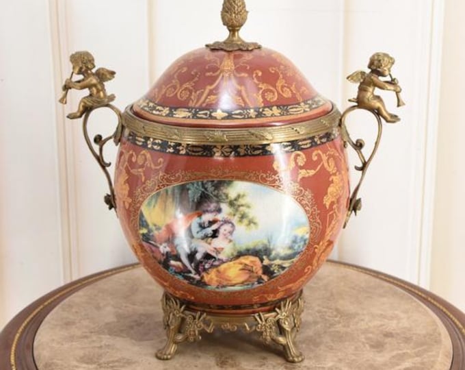 Vintage Red Porcelain Casket with Bronze Cherubs – Signed French Vintage Box – Ornate Home Decor – Unique Collectible