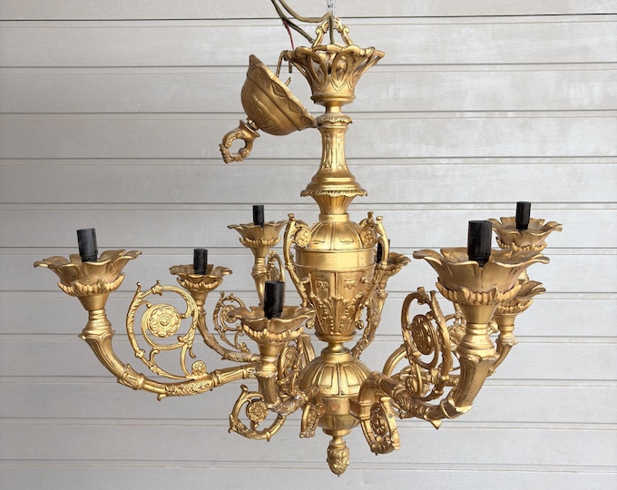 Vintage French Gilt Chandelier - 8 Light Rococo Ceiling Lamp - Ornate Gold Floral Fixture