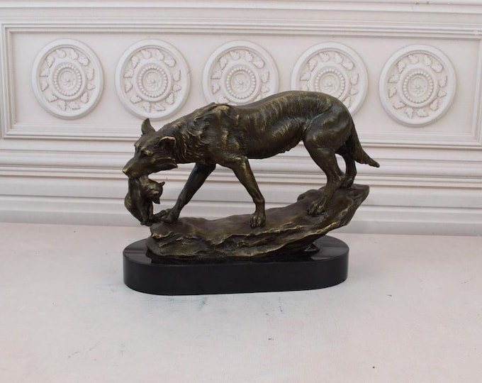 She-wolf with Baby Bronze Statue on Marble Base - Richly Decorated - Foundry Mark - Home Decor - Unique Statue Limited Edition Bronze