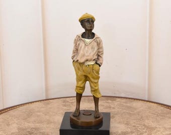 Whistling Boy Bronze Statue – Vintage 1920s Style Sculpture – Painted Bronze Figurine on Marble Base – Young Boy Art – Unique Home Decor