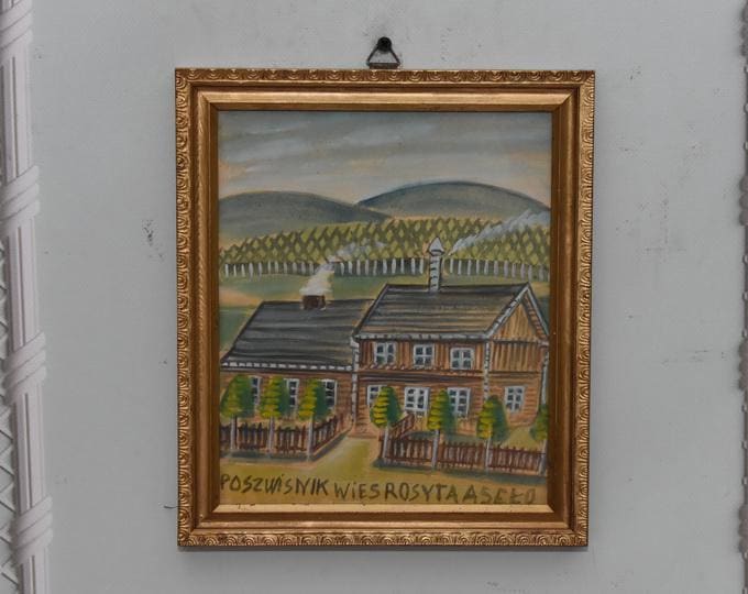 Nikifor Krynicki Painting – Old Krynica Zdroj – Pastel on Carton – Abstract Urban Architecture – Polish Art Gift