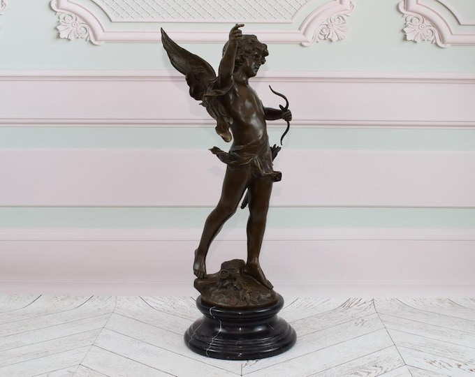 Large Statue ! Cupid with Bow - Cherub Bronze Sculpture on Marble Base - Unique Vintage Figure - Winged Angel - Home and Garden Decor