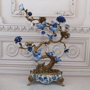 XXL Blue Porcelain Bird Candlestick: Bronze Art Nouveau Decor