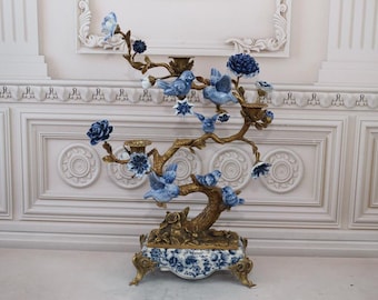 XXL Blue Porcelain Bird Candlestick: Bronze Art Nouveau Decor