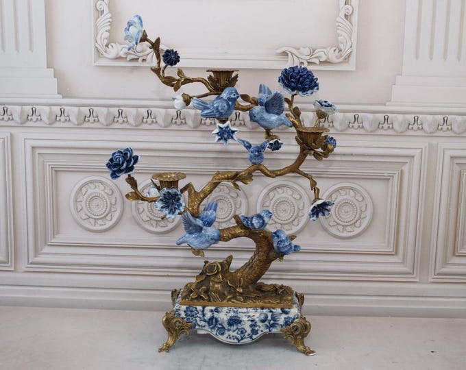XXL Blue Candlestick Birds on a Branch - Porcelain and Bronze Ornaments - Colorful Candleholder - Art Nouveau Porcelain - Home Decor