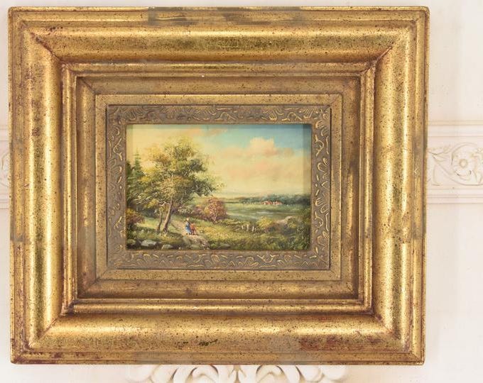 Vintage Polish Landscape Painting: River with Water Lilies, Golden Frame