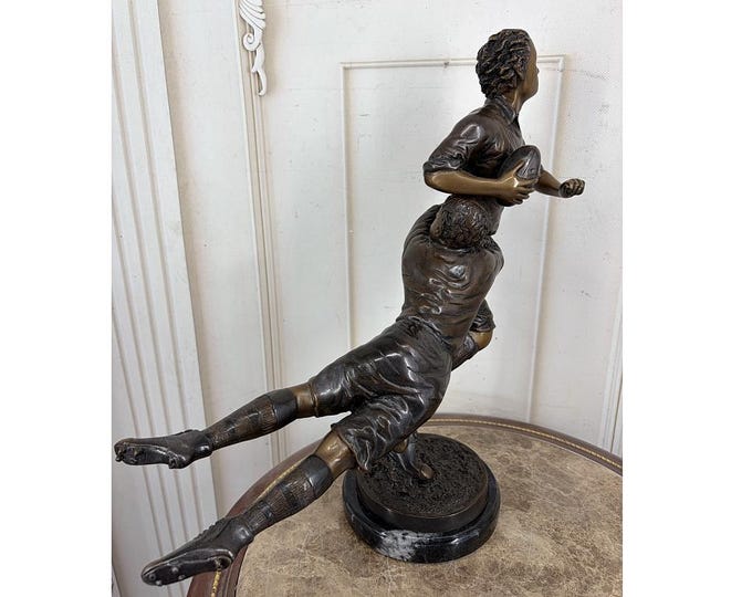 Bronze Rugby Players Sculpture: American Football Statue on Marble Base