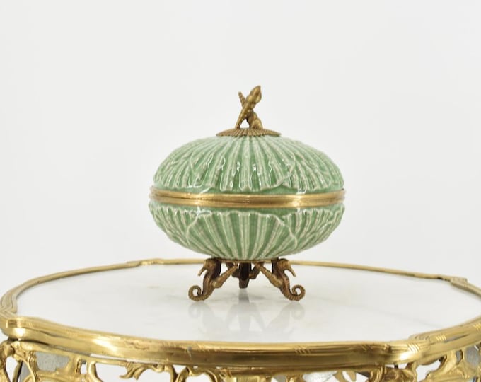 Green Porcelain Casket - Sea Horses Bronze Ornaments Art Nouveau - Box Porcelain Vintage - Luxury Bowl - Regency Decor - Home Decor