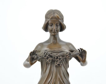 Art Nouveau Bronze Woman Statue: French Female Sculpture, Floral Dress