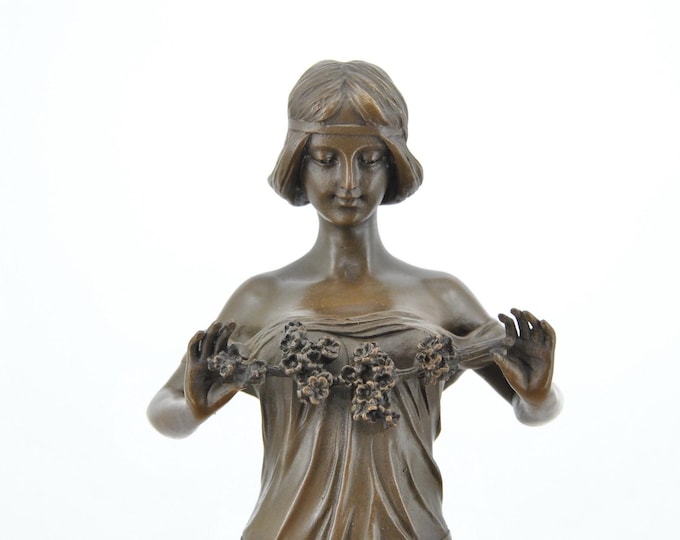 Woman Surrounded by Flowers in Dress - Art Nouveau Style Bronze Statue - Female Sculpture - Gift Idea for Wedding - Home Decor