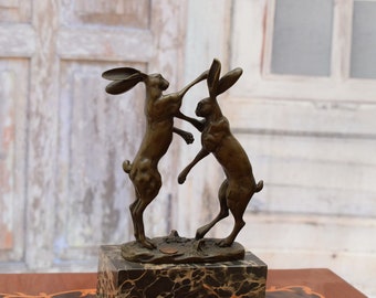 Two Boxing Hares - Hares Bronze Sculpture on Marble Base - Rabbits Bronze Statue - Richly Decorated - Gift Idea - Personalized Gifts