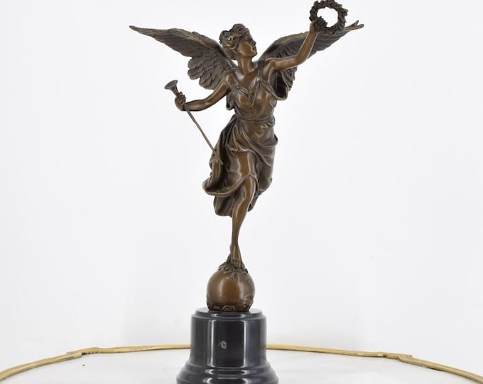 Bronze Angel Statue with Trumpet & Laurel Wreath – Mythological Figurine, Victory Symbol, Home Decor, Premium Gift Idea, Classic Sculpture