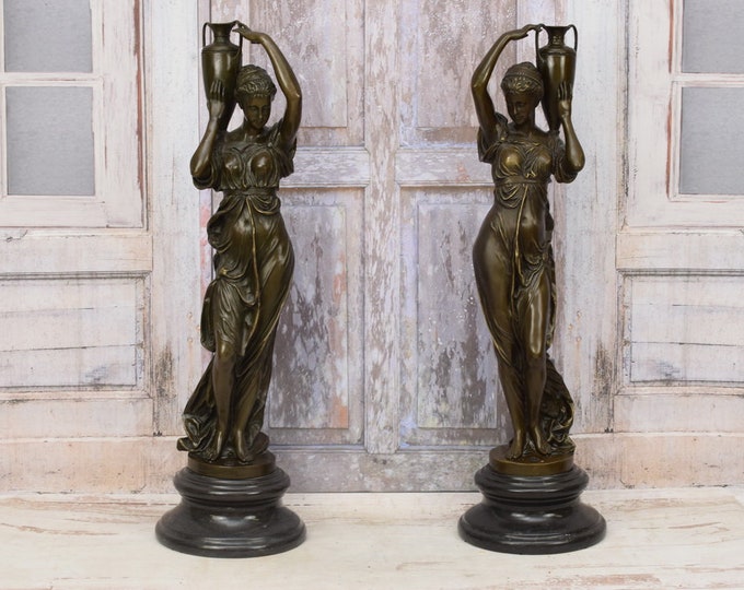 Rare Bronzes! Two Big Standing Nymphs with Vases on their Heads - Two Women Mythology Statue - Statues on Marble Base - Home & Office Decor