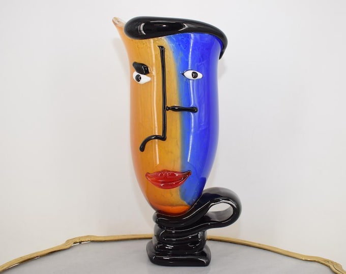 Face Vase Blue and Orange Murano Style - Funny Head - Murano Glass - Made in Italy - Vintage Flower Vase -Handmade Glass - Home Decor Gift