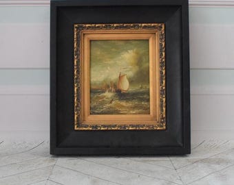 Dipinto di barca d'epoca: arte marinara fatta a mano con cornice dorata e nera
