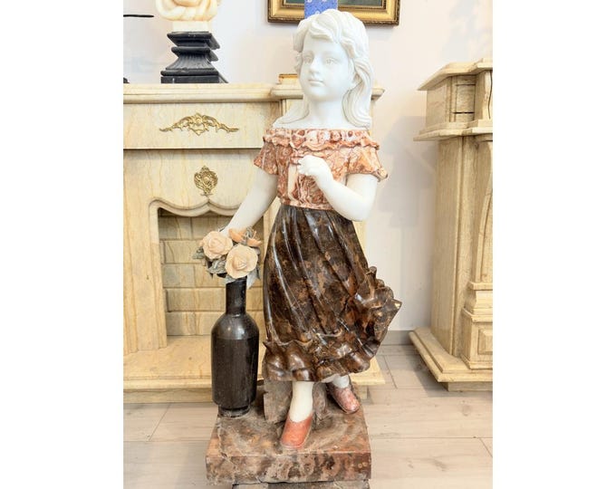 Large Vintage Marble Girl Statue – Colorful Stone Garden Sculpture, 100cm Height