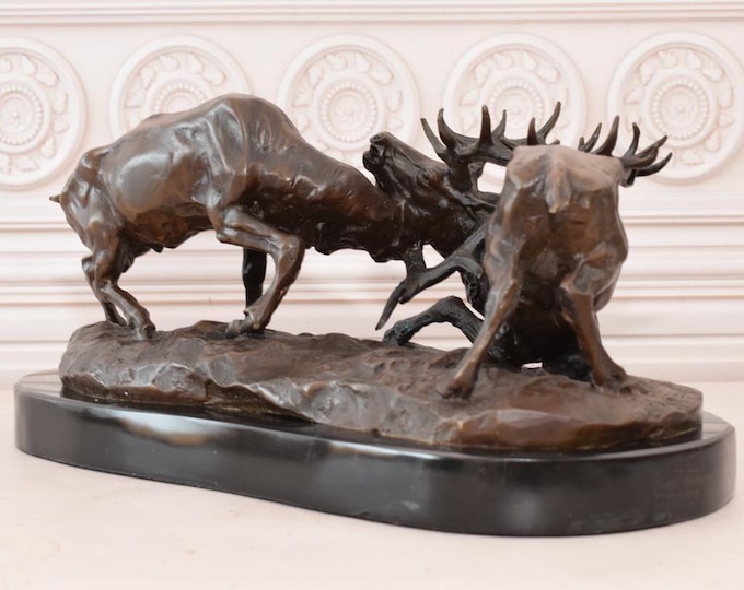 Two Fighting Deers - Hunting Figure on Marble Base - Bronze Sculpture - Deer Figures - Vintage Statue - Gift for Hunter - Home Office Decor