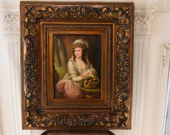 Aristocratic Lady with Flower Basket – Vintage French Oil Painting on Canvas – Gold Frame – Elegant Portrait – Unique Wall Art