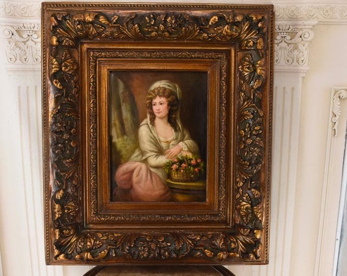 Aristocratic Lady with Flower Basket – Vintage French Oil Painting on Canvas – Gold Frame – Elegant Portrait – Unique Wall Art