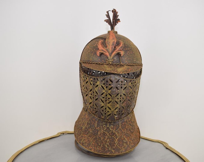 Rustic Knight Helmet on Stand – Medieval Armor Decor | Vintage-Style Helmet | Gothic Warrior Home Accent