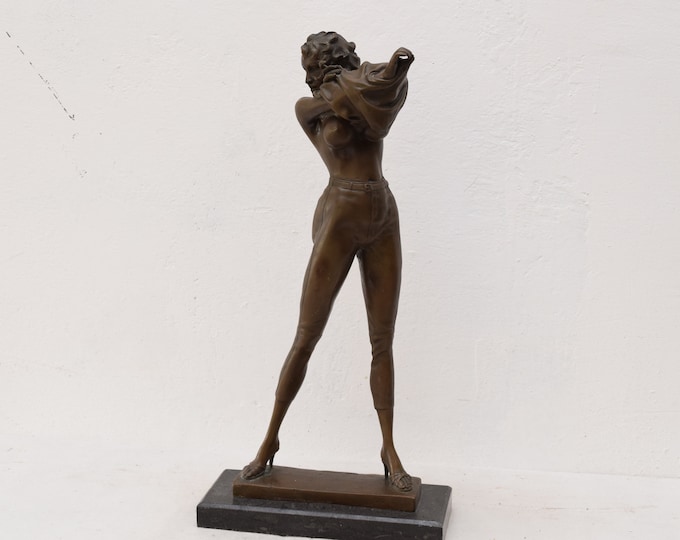Large Bronze Statue Pretty Woman in High Heels - Art Deco Act Style Figurine Sculpture - Luxury Gift Idea -