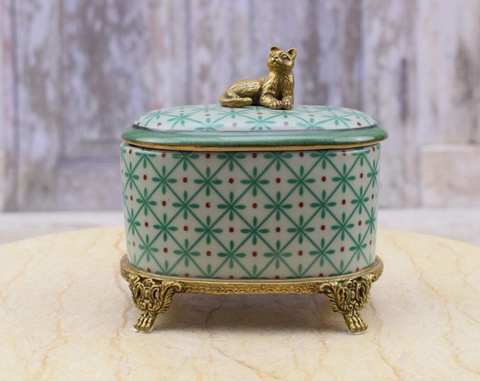Antique Green Porcelain Casket with Bronze Ornaments - Porcelain Box with Lid on Bronze Base - Cat-shaped Handle - Home Decor - Gift Idea