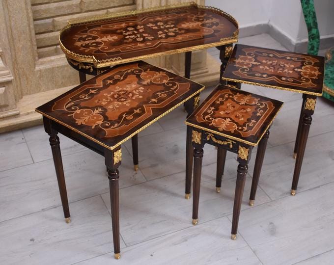 French Vintage Nesting Tables – Beech Wood Inlaid, Bronze Mounted – Set of 4