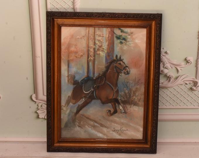 Antique Pastel – Running Wild Horse 1934 – Pastel on Carton Under Glass