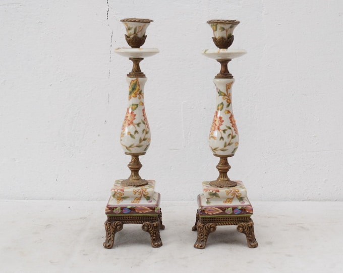 Pair Set Porcelain with Bronze Art Nouveau Candlestick Flowers  Art Deco Gift -