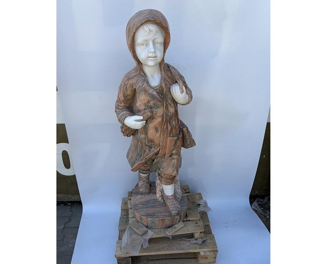 Large Vintage Marble Child Statue – French Style Garden Sculpture, Heavy Stone Figurine