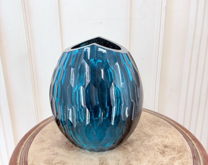 Vintage Blue and Black Art Glass Vase - Heavy Decorative Glass - Modernist Style, Signed