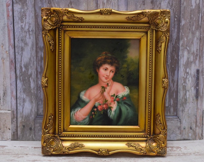 Painting Portrait French Aristocrat - Nice Goldene Frame - Portrait Woman - Old Oil on Wood - French Art - Wall Decor - Art Work - Gift Idea