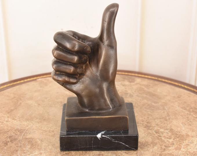 Vintage Bronze Thumbs Up Hand Sculpture – Positive Gesture Statue on Marble Base