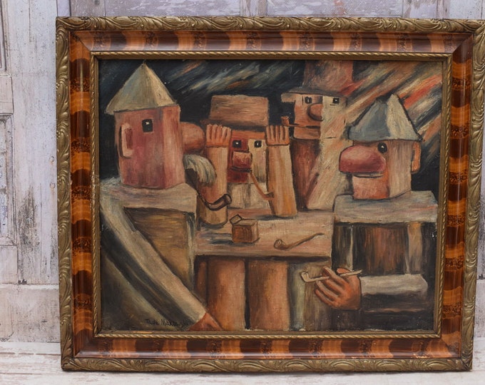 Antique Painting - Tade Makowski Clowns Old Painting Oil on Canvas - Polish Artist - Abstract Painting - Wall Decor Wall Art - Home Decor