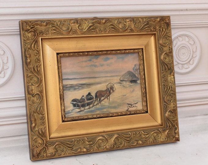 Antique Painting - Falat Hunting Trip Old Oil on Wood - Winter Landscape - Wall Decor - Elegant Gift Idea - Home Decor