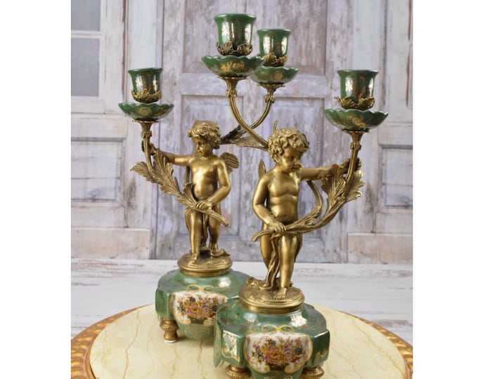 Green Porcelain Set Candlesticks - Porcelain with Bronze Angels - Candlesticks Angels - Antique Porcelain - Home Decor - Gift for Wedding